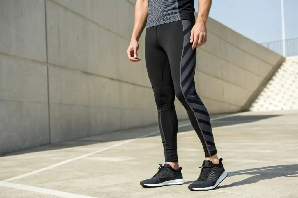 Men's black compression leggings with striped design, athletic and breathable fit
