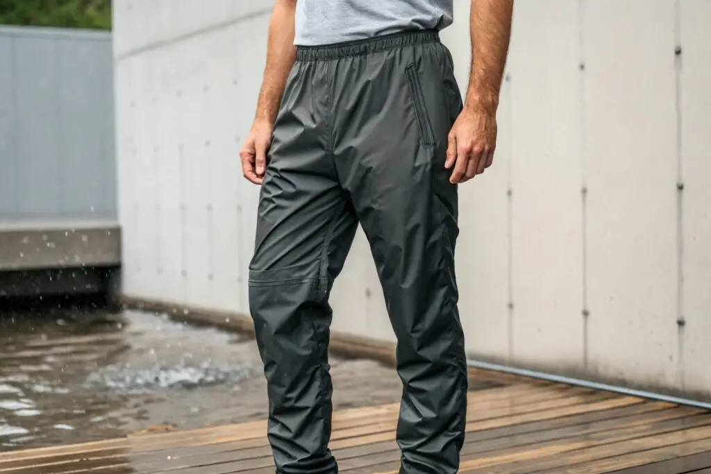 Men's waterproof pants in black, lightweight and weather-resistant design