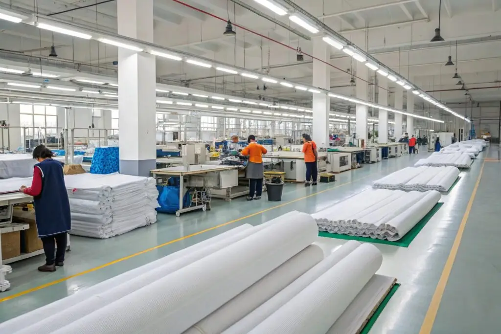 Workers processing fabric rolls in apparel factory