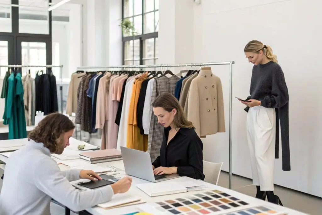 Team working in fashion showroom with clothing samples