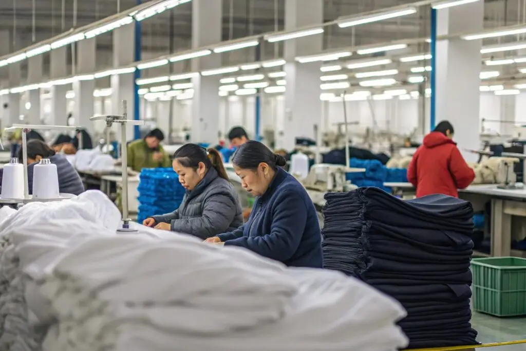 Workers sewing garments in a modern factory