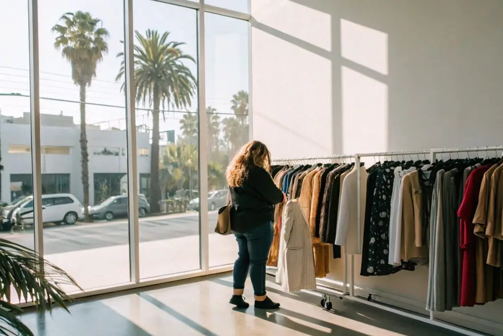 Woman browsing jackets in a sunlit fashion showroom