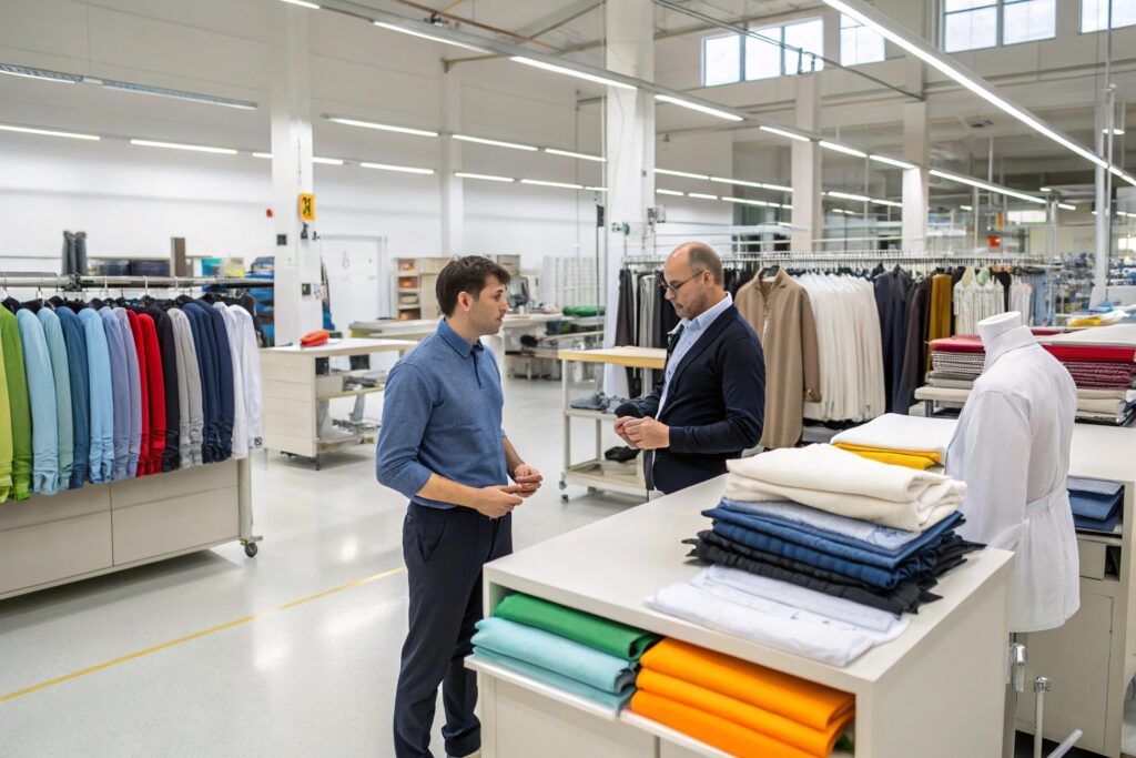 Clothing factory meeting, discussing fabric and apparel production