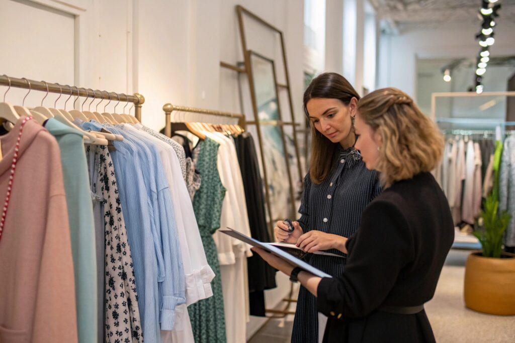 Fashion buyers discussing clothing selection in boutique showroom