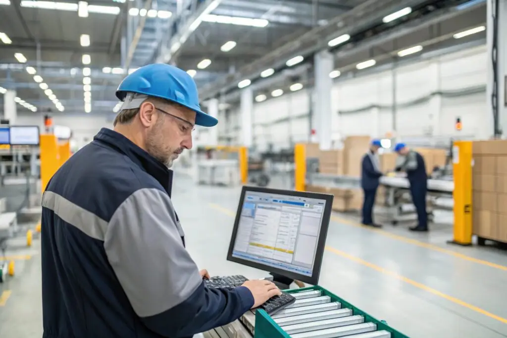 Factory worker using ERP system to monitor operations