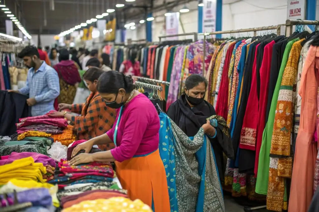 Wholesale fabric market, buyers selecting textiles for bulk purchase