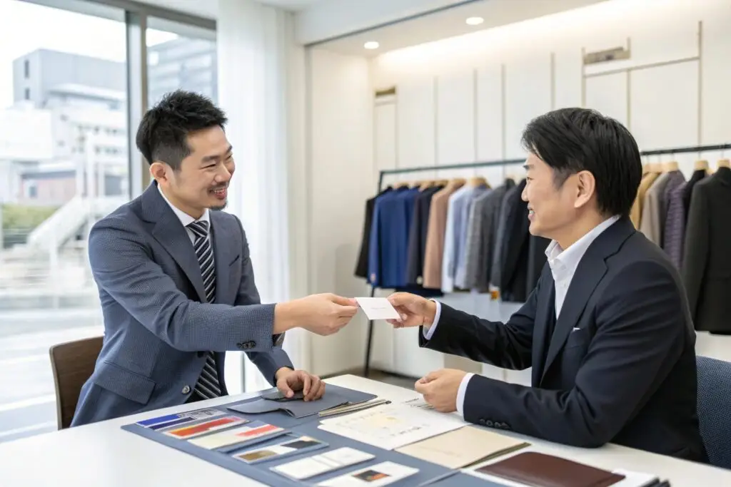 Business professionals exchanging cards at a fashion showroom