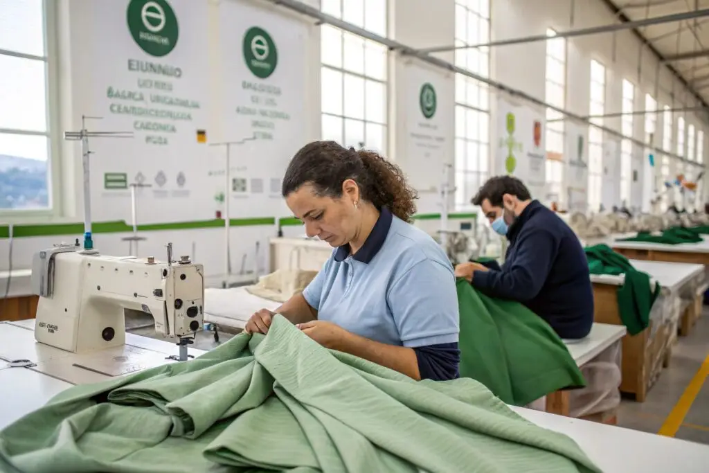 Skilled workers crafting high-quality garments in a sustainable factory