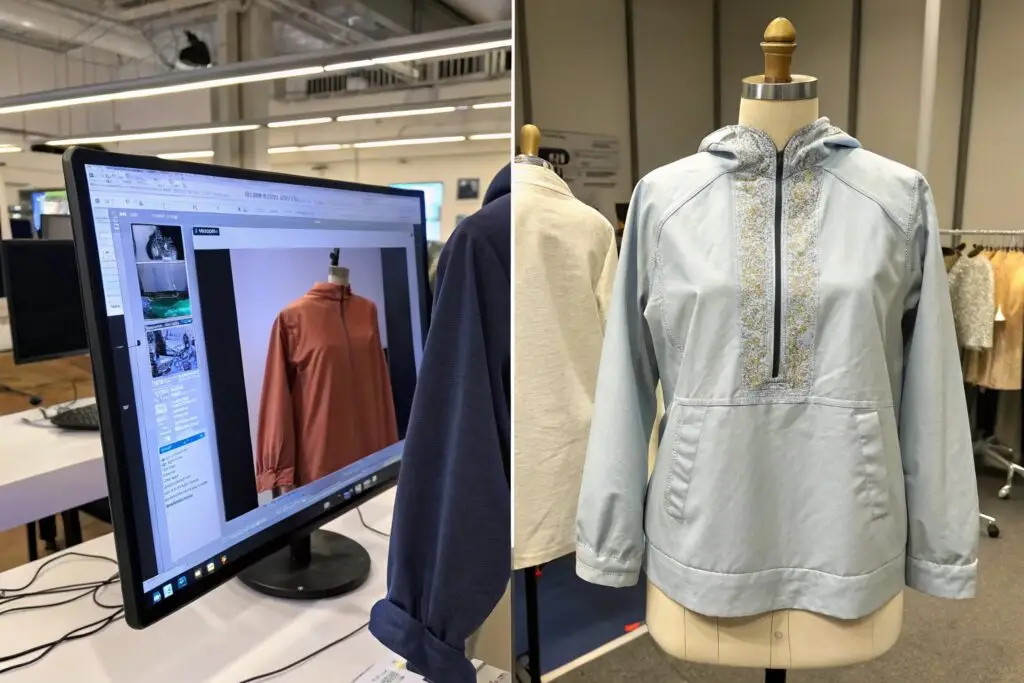 Side-by-side comparison of digital and physical garment design
