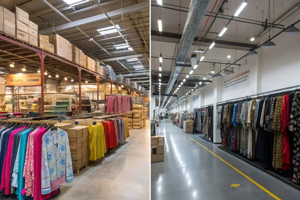 Wholesale clothing warehouse, organized fashion inventory for distribution