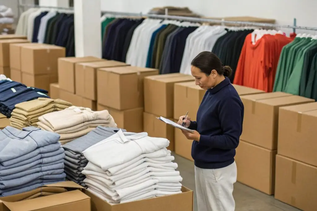 Stacks of garments grouped by color and ready for packing