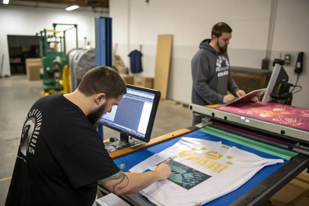 Step-by-step custom shirt printing process in a professional workshop