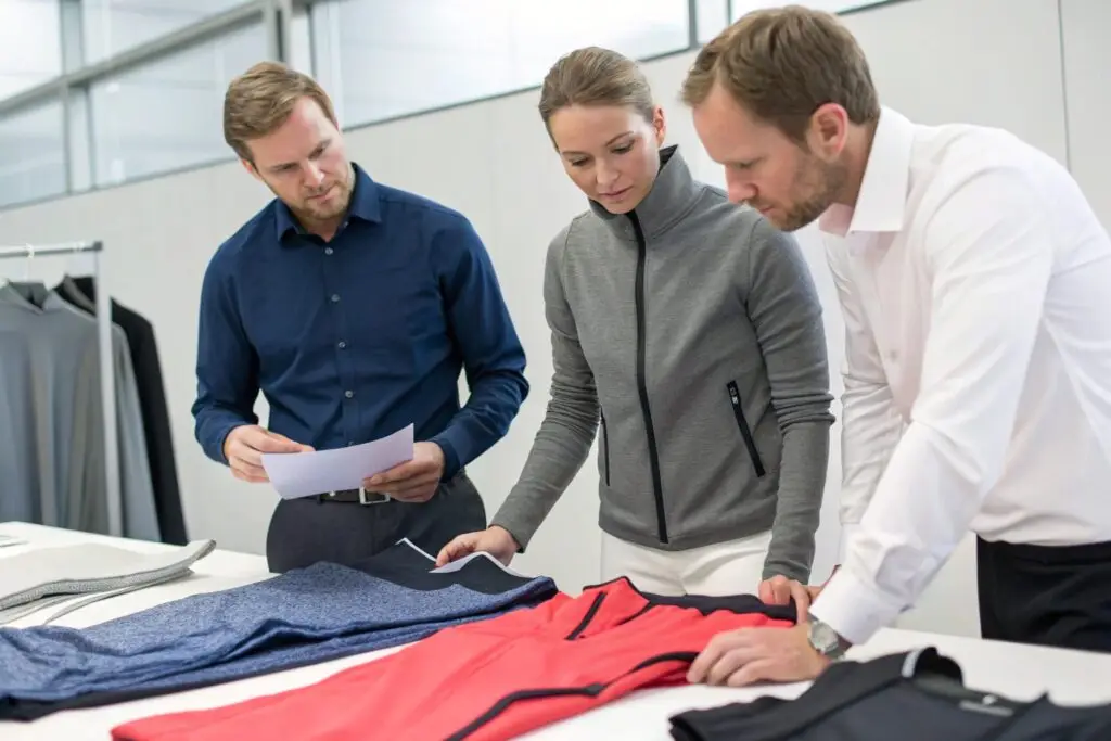 Team reviewing activewear samples on display table
