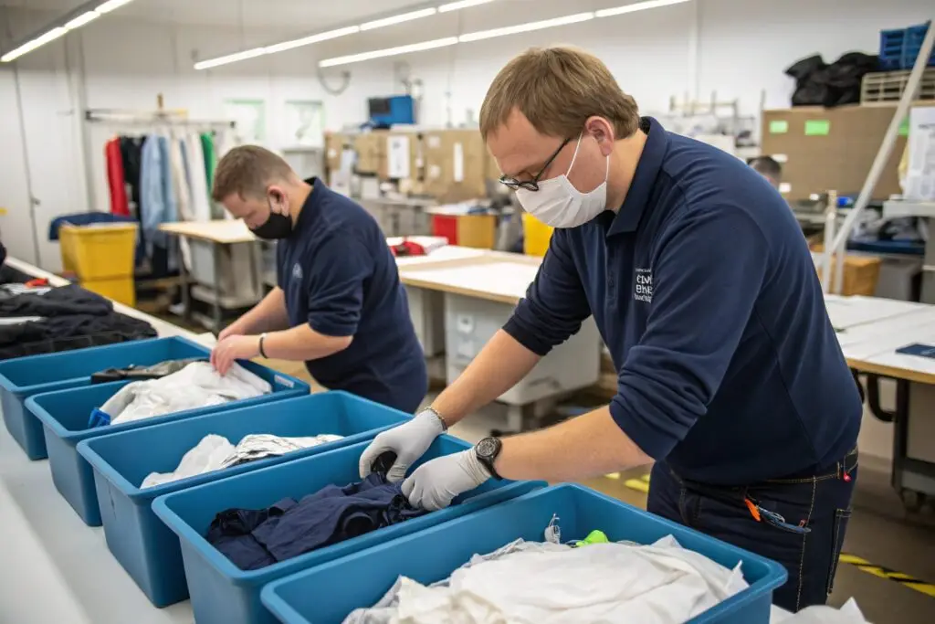 technicians sorting garments for quality control and packing in factory