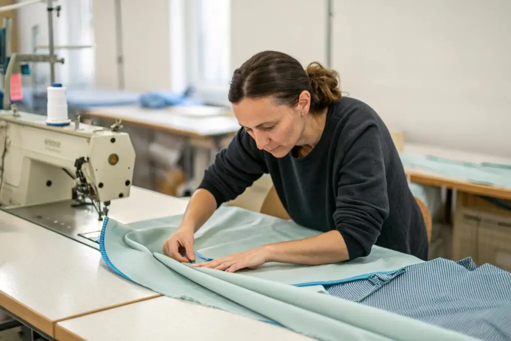 Worker sewing fabric in a garment factory