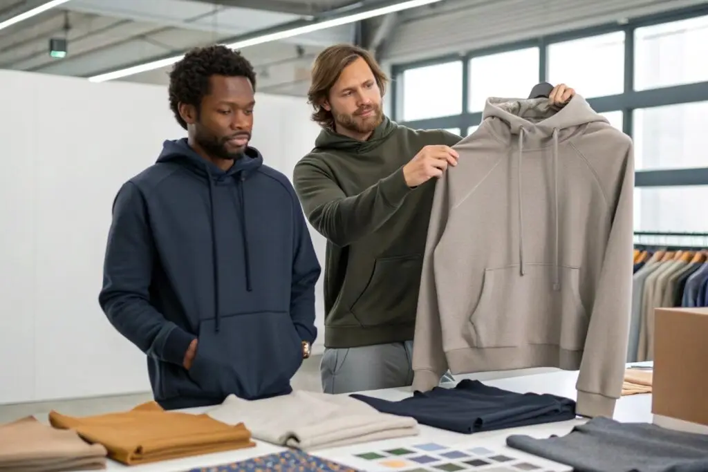 Two wholesalers presenting hoodies in different colors