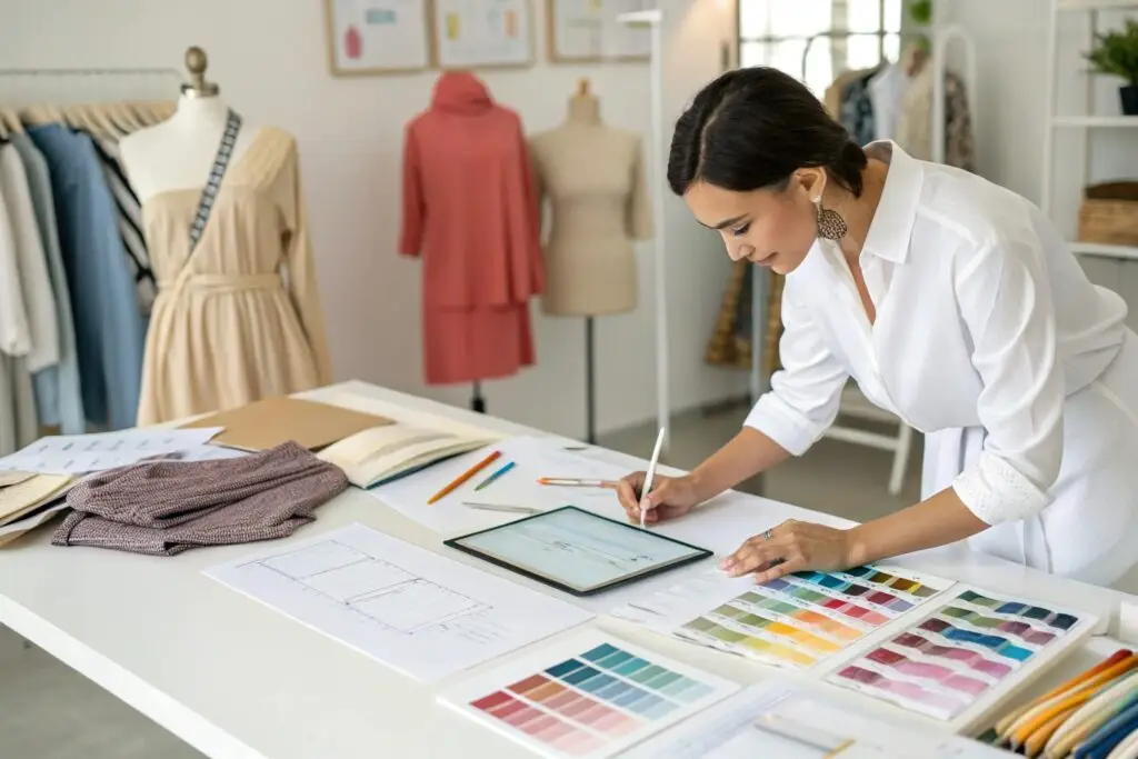 Fashion designer selecting color palette for clothing collection, sketching design ideas