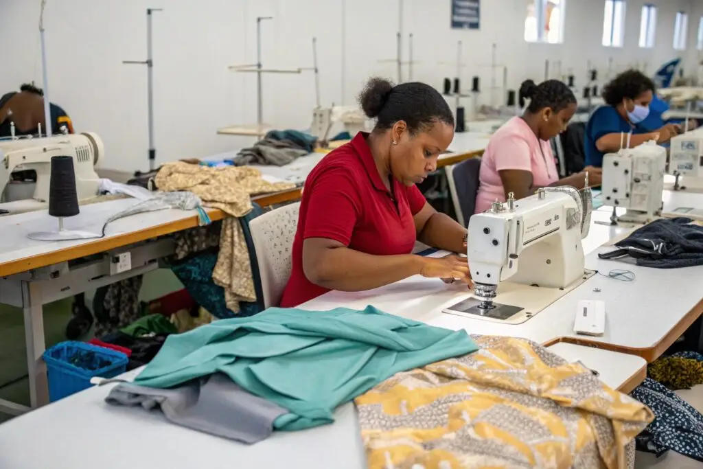 Workers sewing garments in a clothing workshop, focusing on garment production