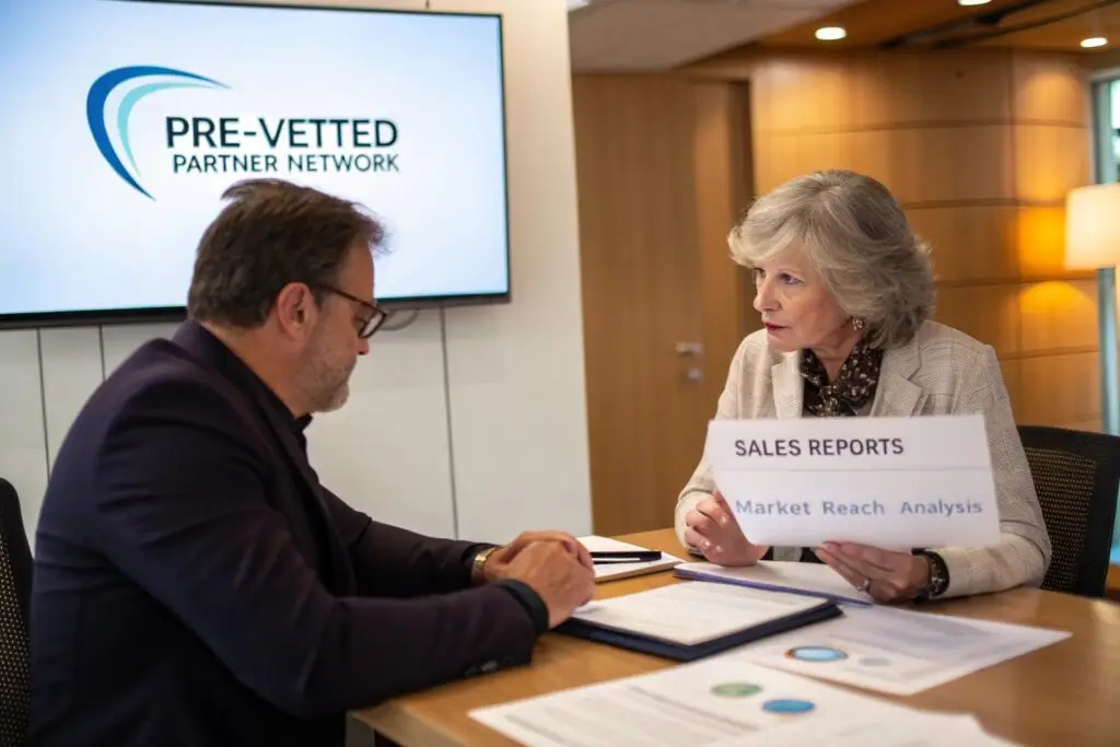 Business professionals reviewing sales reports and market analysis