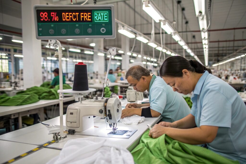 Garment factory with a 7-stage inspection process achieving a 98.7% defect-free rate, ensuring top-quality apparel production