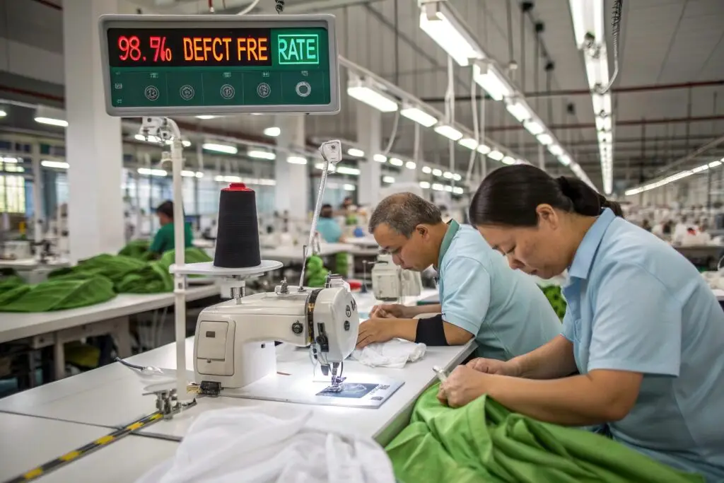 Garment factory with a 7-stage inspection process achieving a 98.7% defect-free rate, ensuring top-quality apparel production