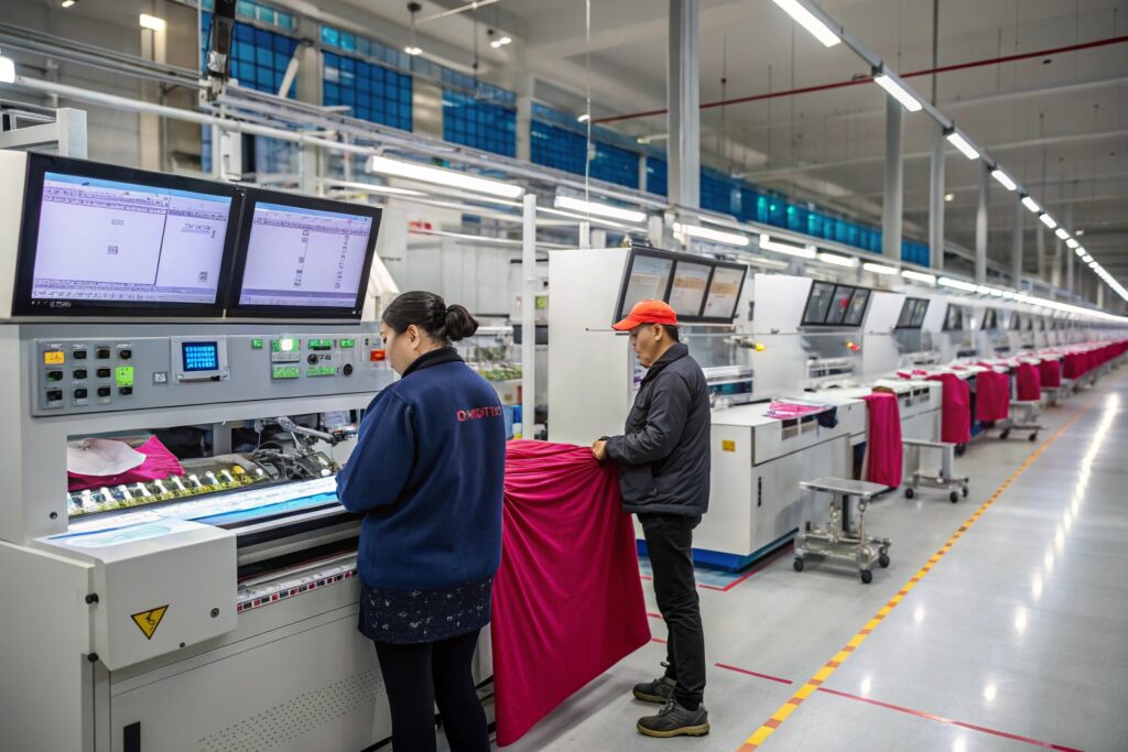 Automated textile production line with workers operating machines