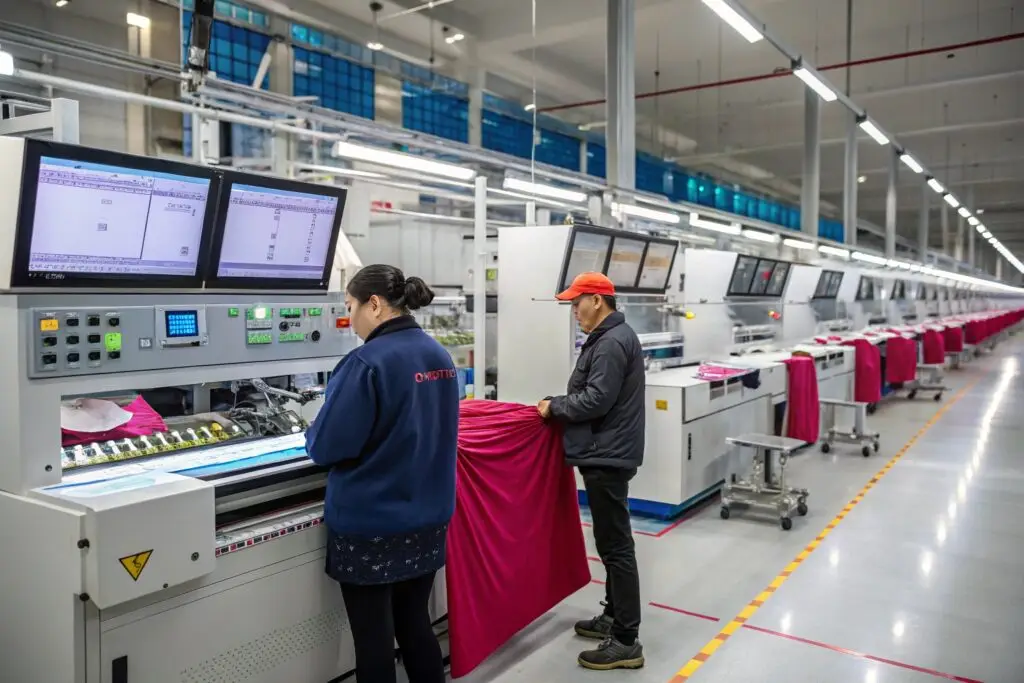 Automated textile production line with workers operating machines