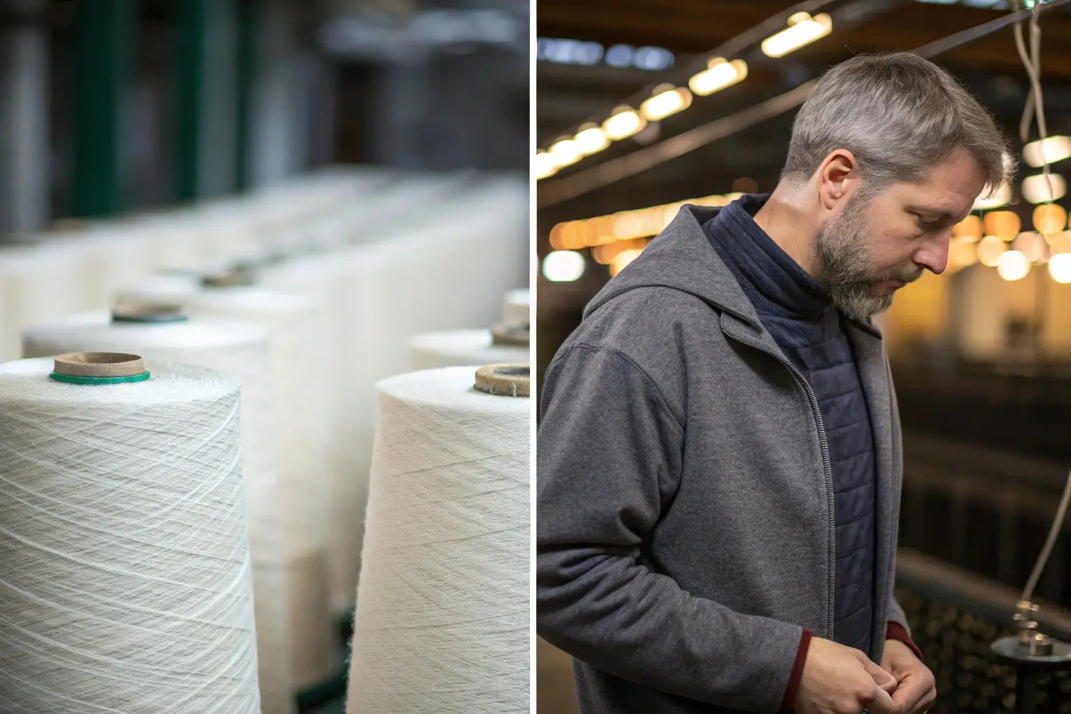 High-quality yarn spools and textile worker in factory, representing premium fabric production.