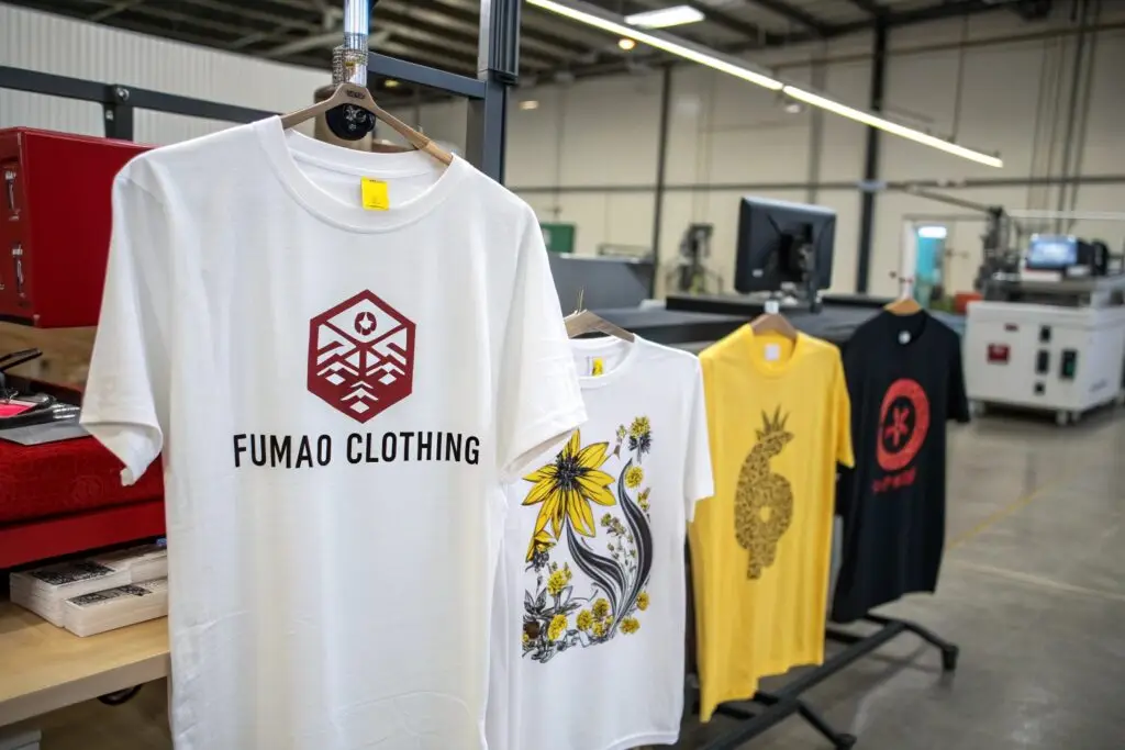 Fumao Clothing custom printed T-shirts displayed in a production facility