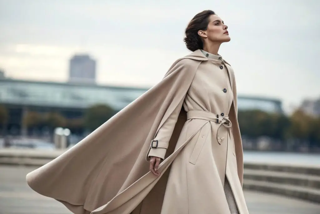Elegant beige cape coat with belted waist and flowing design