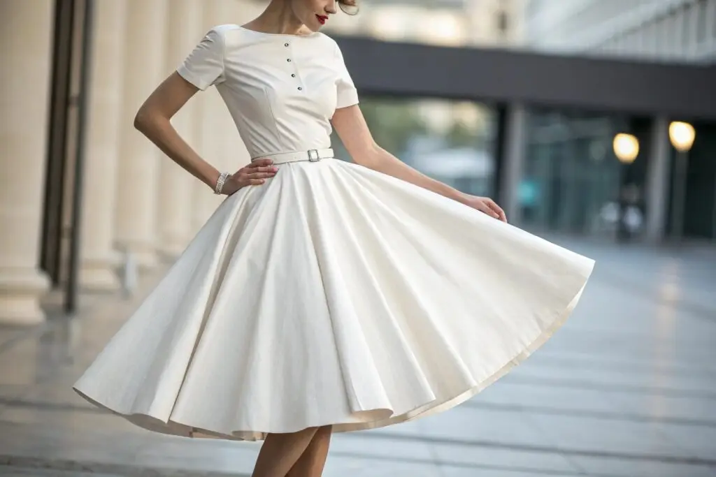 Elegant white vintage dress with flared skirt