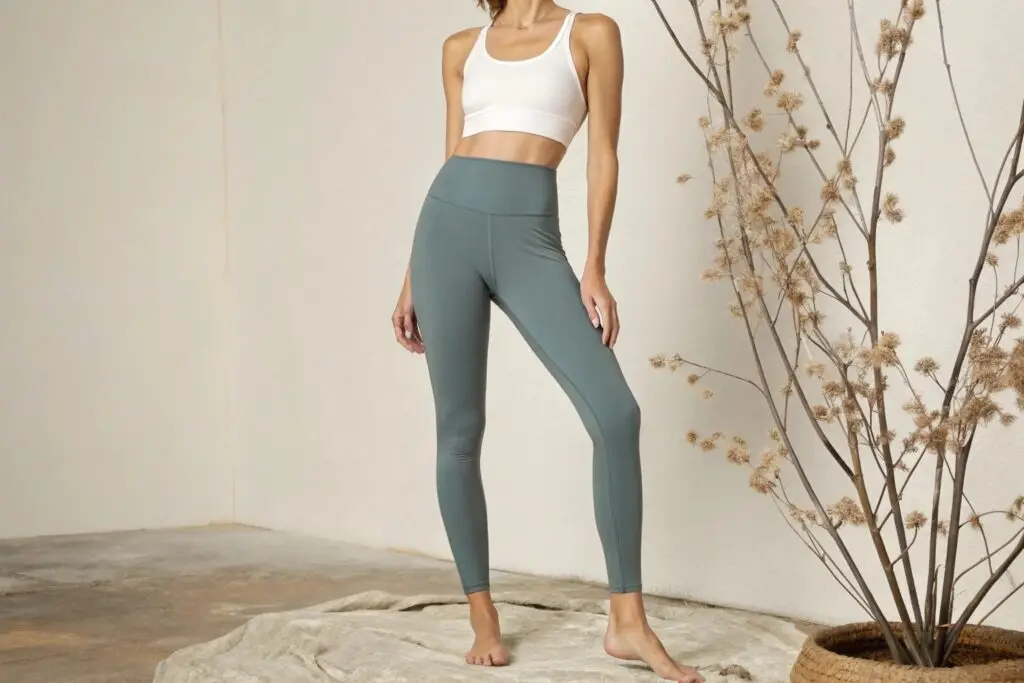High-waisted green leggings with a white sports bra