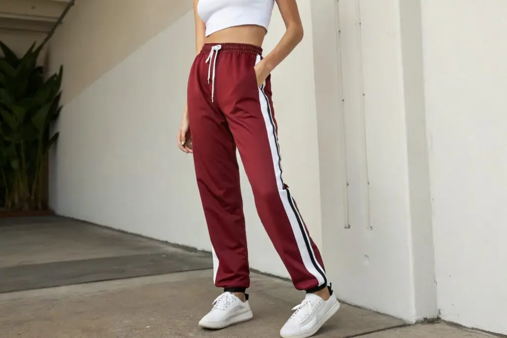 Maroon track pants with white side stripes and drawstring waist