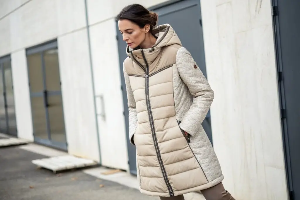 Women's beige padded winter coat with hood