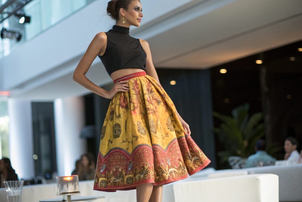 Elegant yellow midi skirt with intricate patterns