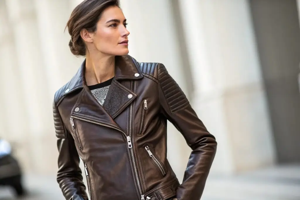 Stylish women's brown leather biker jacket with zipper details