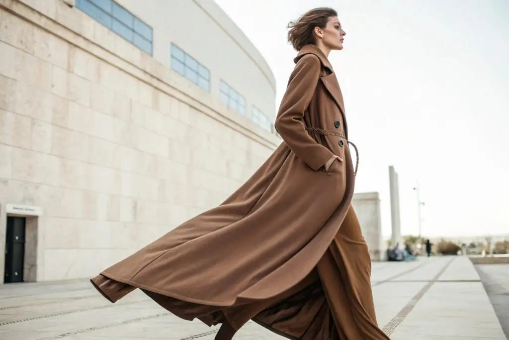 Women's long brown wool coat with flowing silhouette