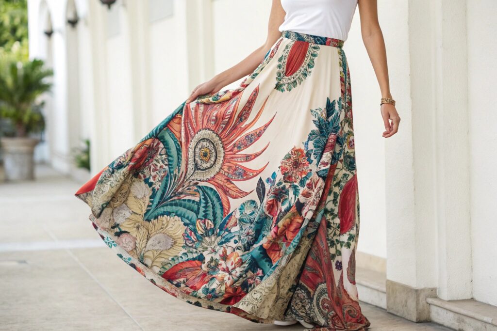 Women's bohemian floral maxi skirt with vibrant prints