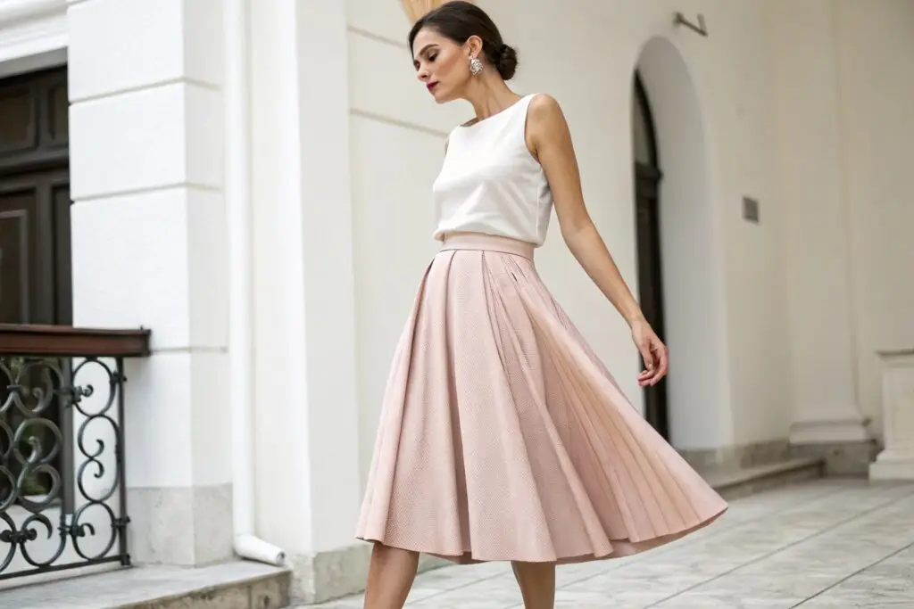 Elegant women's pleated midi skirt in soft pink