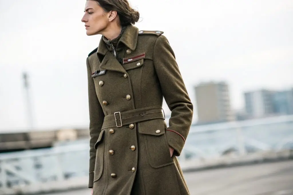 Women's military-style olive green wool coat