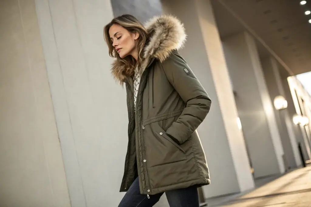 Women's olive green winter parka with fur-trimmed hood