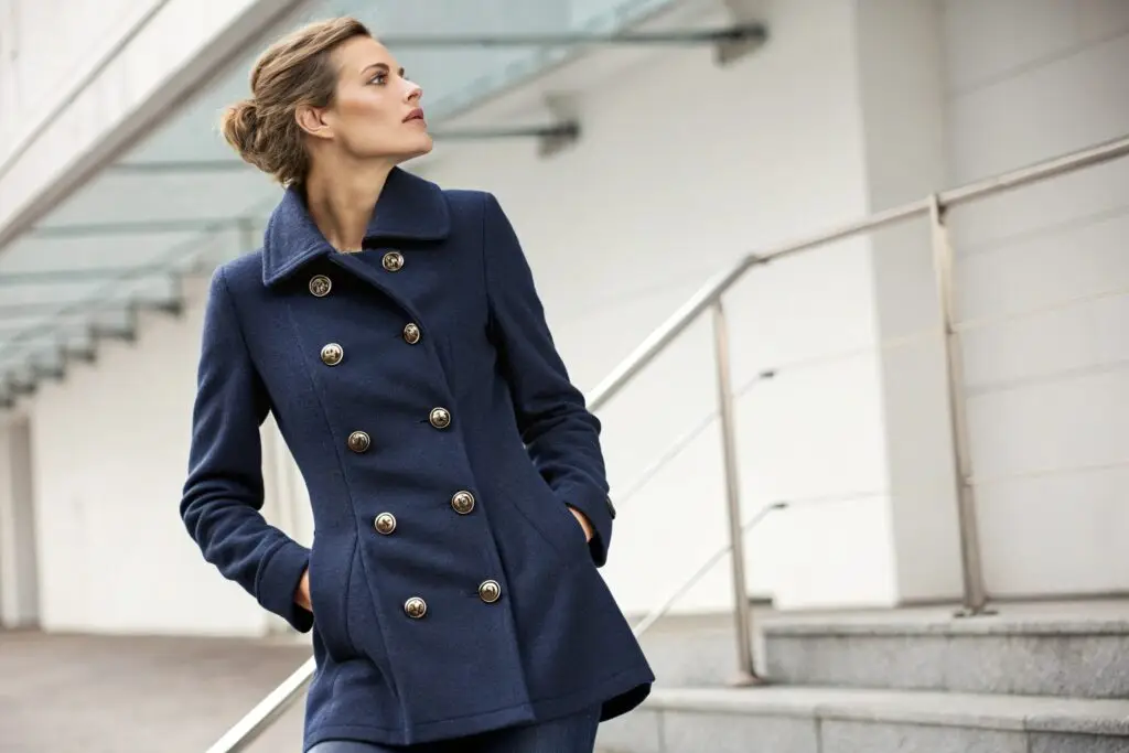 Women's navy blue peacoat, elegant double-breasted outerwear