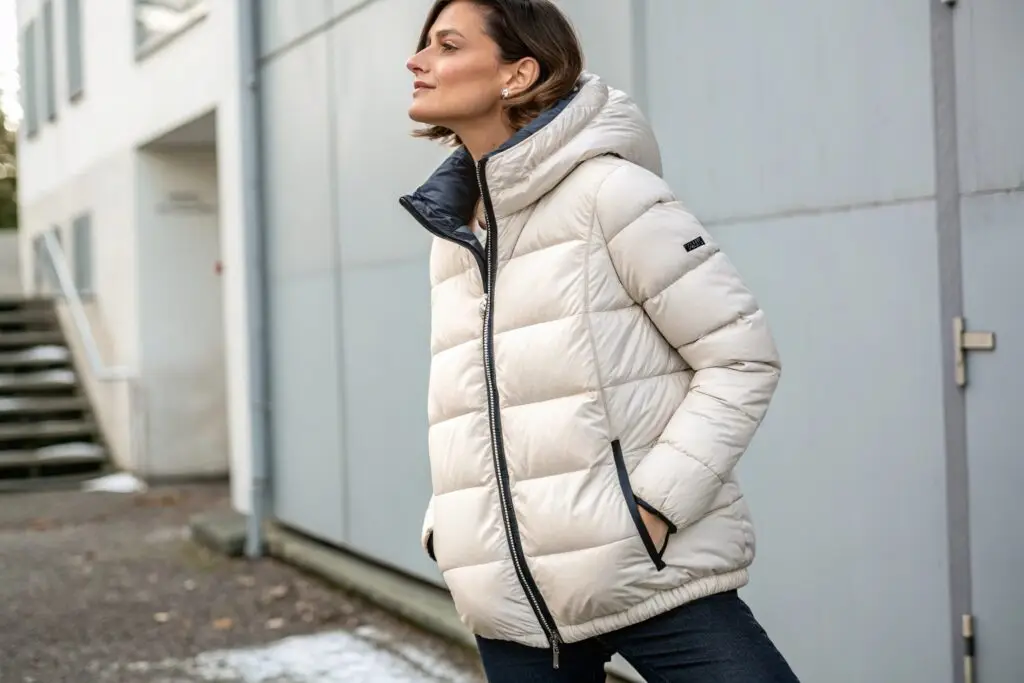 Women's beige puffer jacket, warm winter outerwear