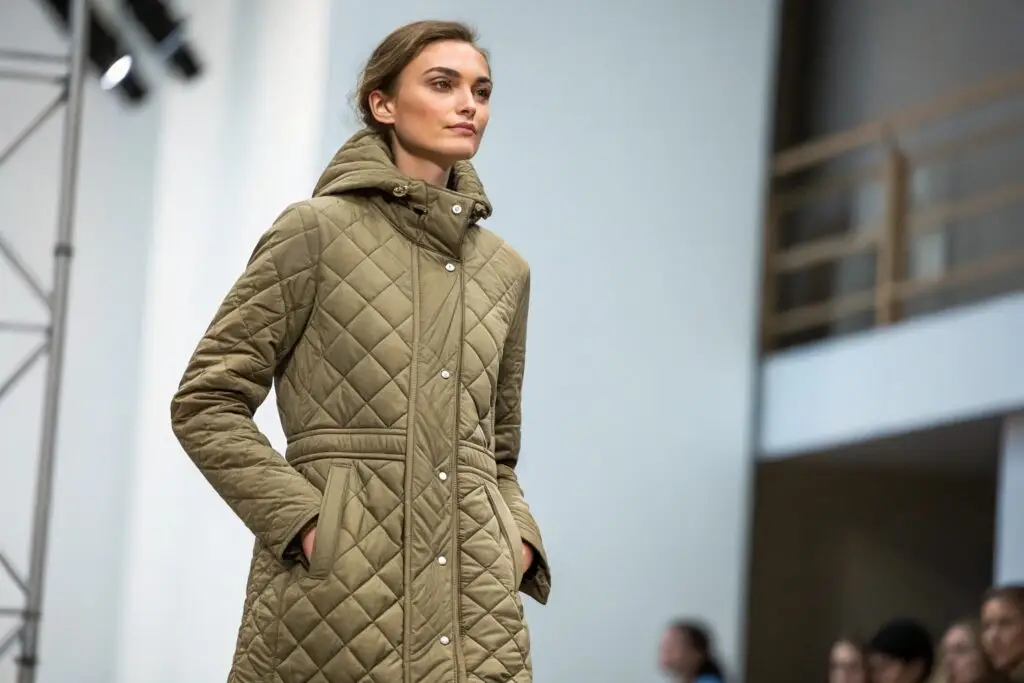 Women's quilted olive green winter coat with hood