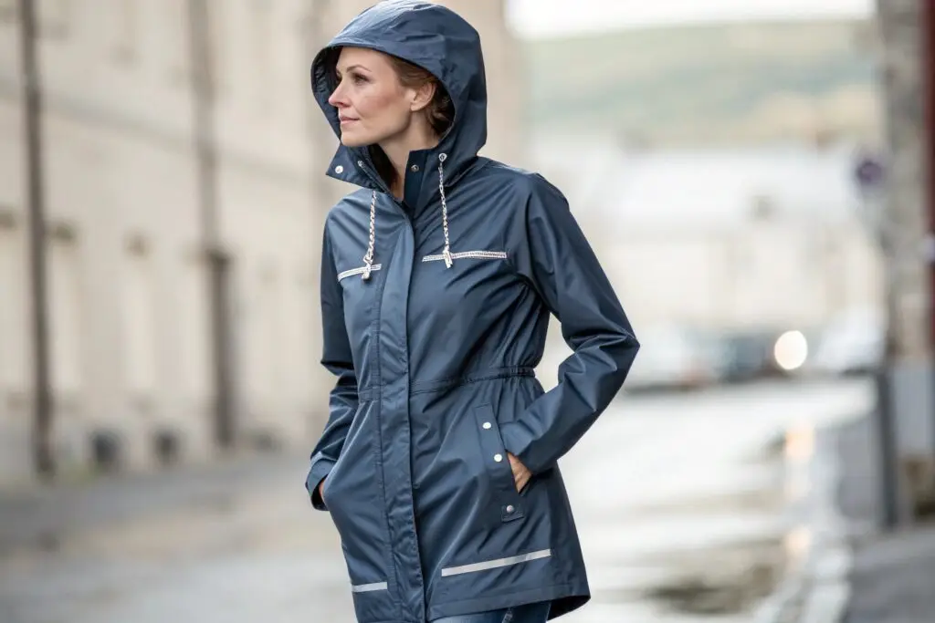 Women's navy blue waterproof raincoat with hood