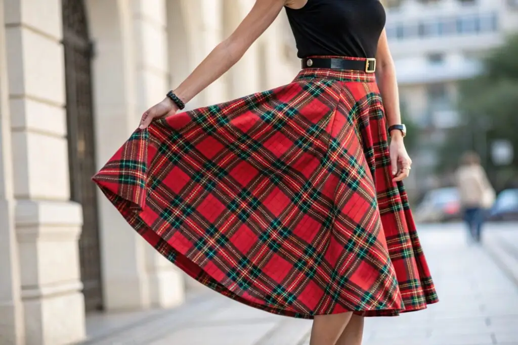 Elegant red plaid midi skirt with a vintage-inspired design