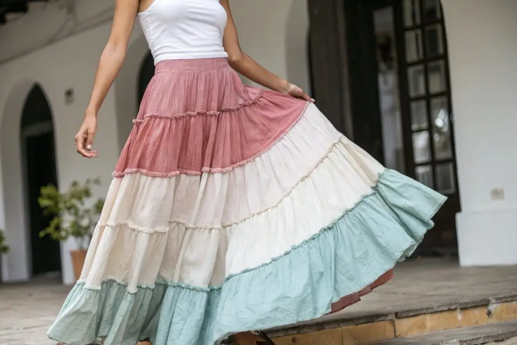 Bohemian tiered maxi skirt with pastel colors