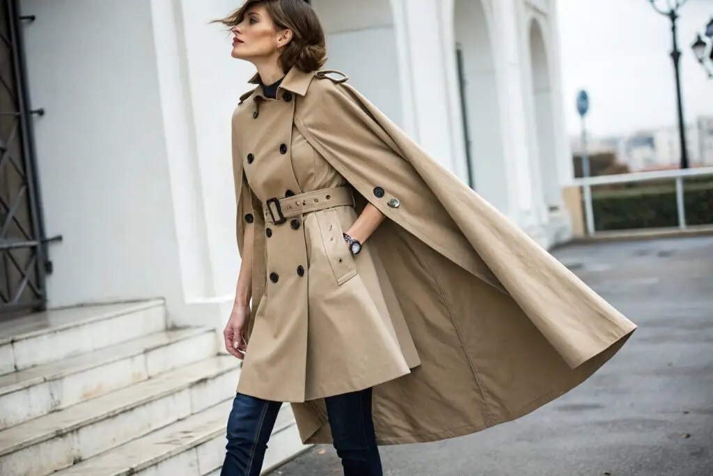 Women's beige trench coat with dramatic cape design