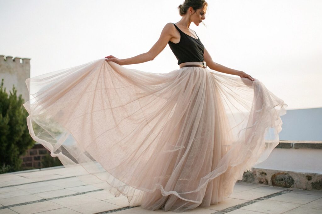 Elegant flowing tulle maxi skirt in soft beige