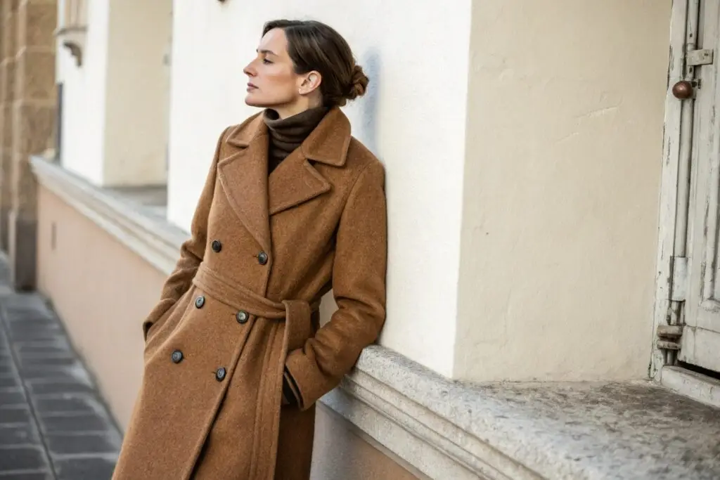 Women's camel wool coat, elegant double-breasted design